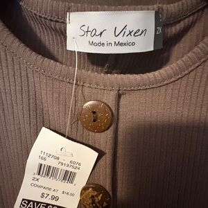 NWT Star Vixen Taupe Ribbed Button-Front Top